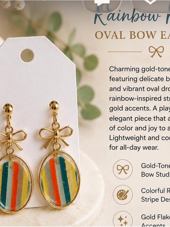 Handmade Jewelry - Gold-Tone Bow Drop Earrings with Rainbow Stripe Oval Drops